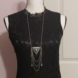 Boho Chatelaine Studded Triangle Faux Turquoise Center Pendant Long Necklace